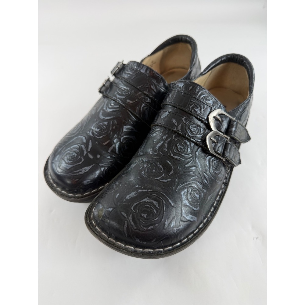 Alegria by PG Lite ALL-571 Black Rose Embossed Leather Double Buckle Clogs 40